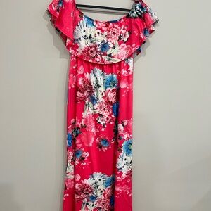 Bright Pink Floral Off-Shoulder Maxi Dress